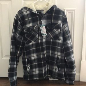 Mens Black and White Flannel Zip Up with Full Sherpa Lining (Size Medium)